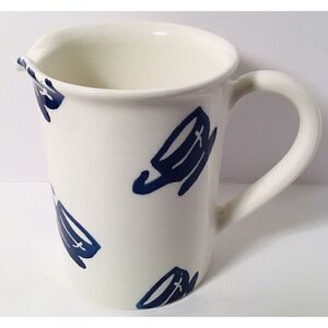 Vintage Dayton Hudson White Ceramic Art Pottery Pitcher/ Blue Coffee Cup Motif